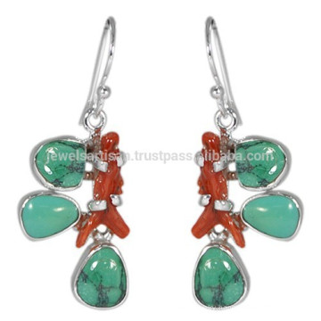 Gorgeous Coral Stick & Tibetan Turquoise Gemstone with 925 Silver Desing Earrings at Best Price